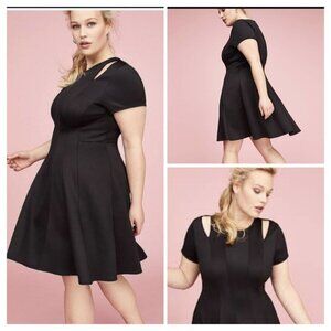 Lane Bryant Women's Black Pleated Fit and Flair Shoulder Cutout Midi Dress Sz 22
